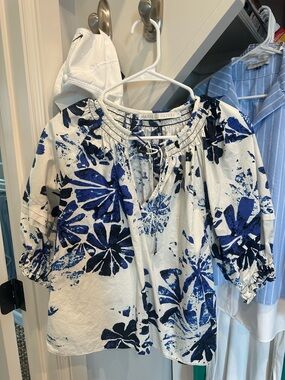 Marie Oliver White and Blue Floral Puff Sleve Top
